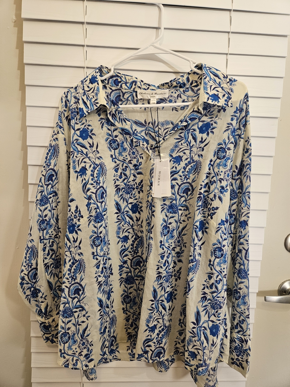 NWT Chelsea & Theodore Blue White Floral Block Print Button Front Shirt Sz 2X - Picture 3 of 11
